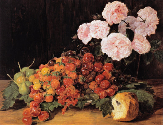 Still life with roses, strawberries, and bread - by Ferdinand Georg Waldmüller