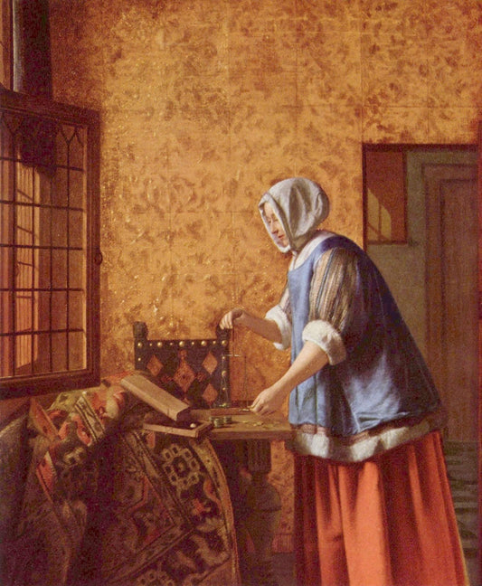 Woman weighing gold coins - by Pieter de Hooch