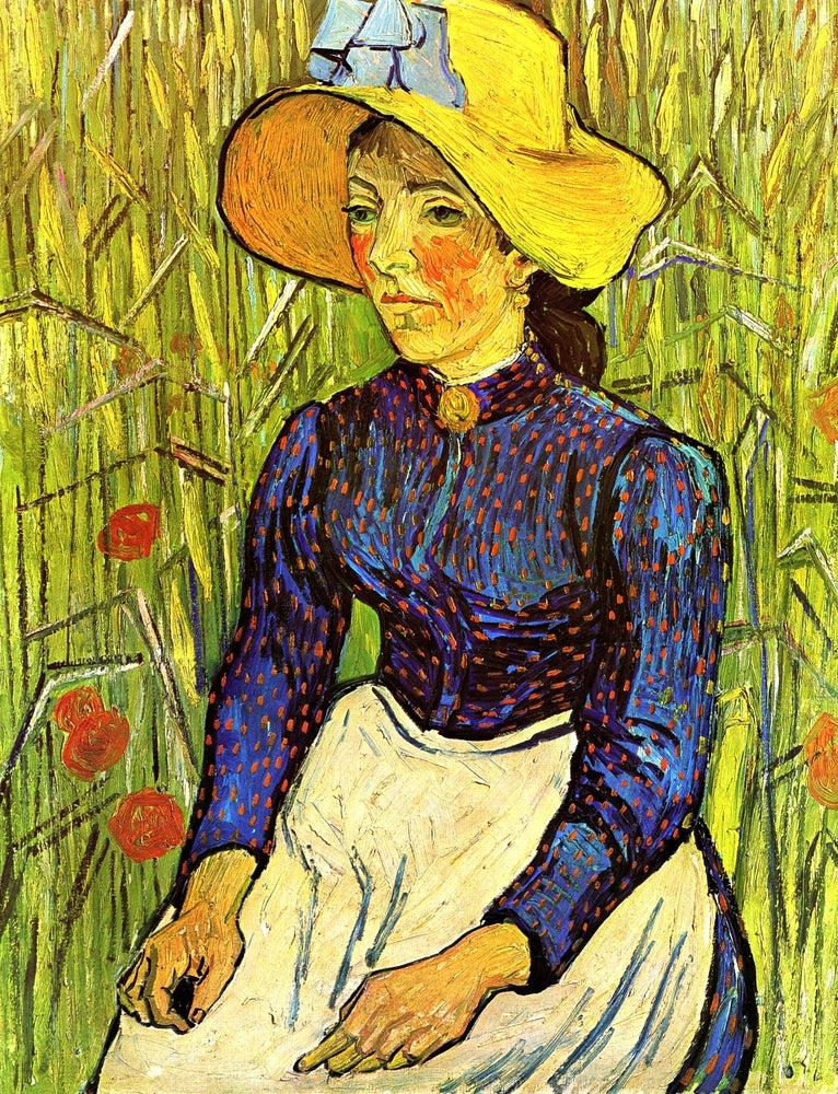 Young Peasant Girl in a Straw Hat sitting in front of a wheatfield - by Vincent van Gogh