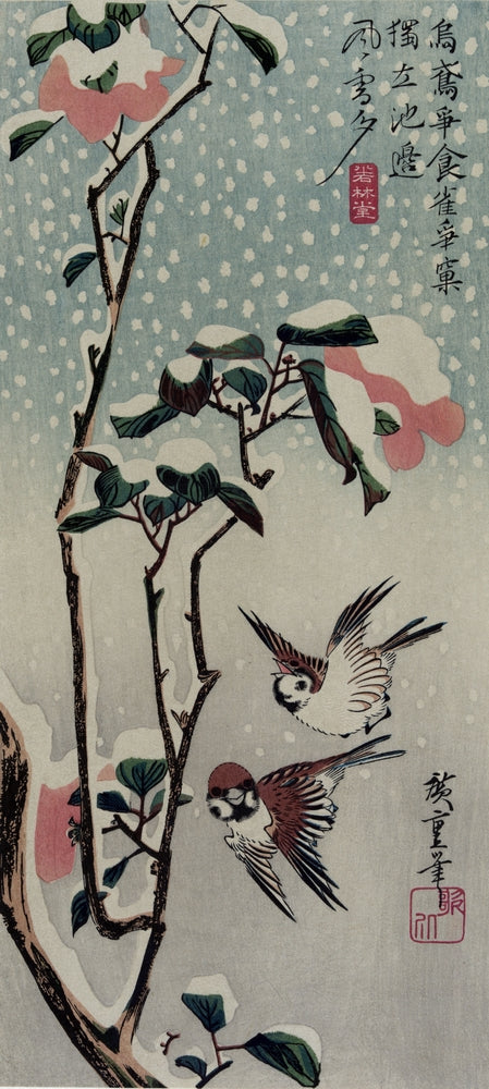 Sparrows and Camellias in the Snow - by Hiroshige