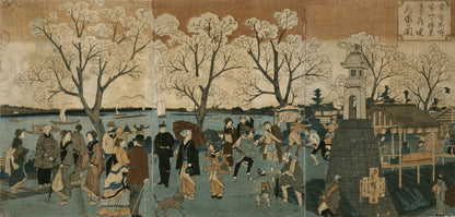 Japanese triptych print showing Japanese and foreign people walking along the Sumida River among cherry trees in full bloom - by Hiroshige