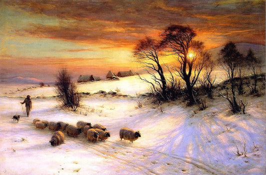 Herding Sheep in a Winter Landscape at Sunset - by Joseph Farquharson